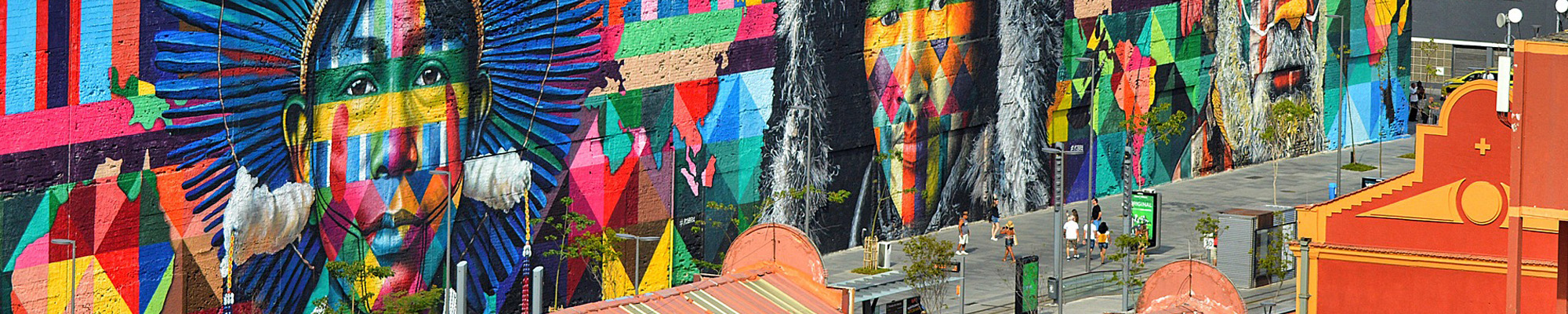 paintings of native people on side of building in Brazil