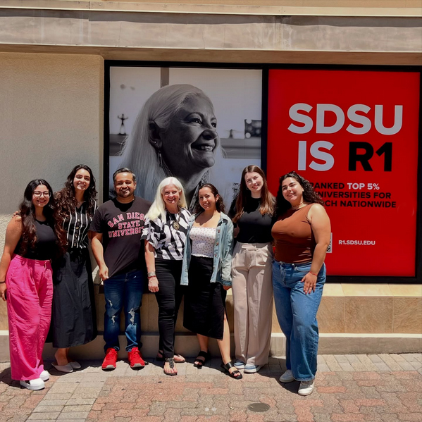 Ramona and students outisde the SDSU bookstore
